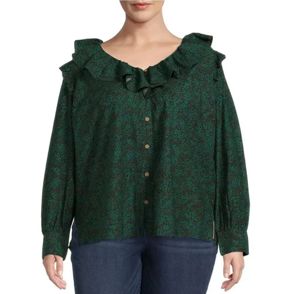 NWT Terra and Sky 3X Plus Size Dark Green Black Print Long Sleeve Ruffle Top New